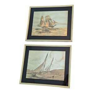 Vintage Dufex‎ Foil Art Prints Sailing Ships Framed Gold Black Pair 10 X 8 each